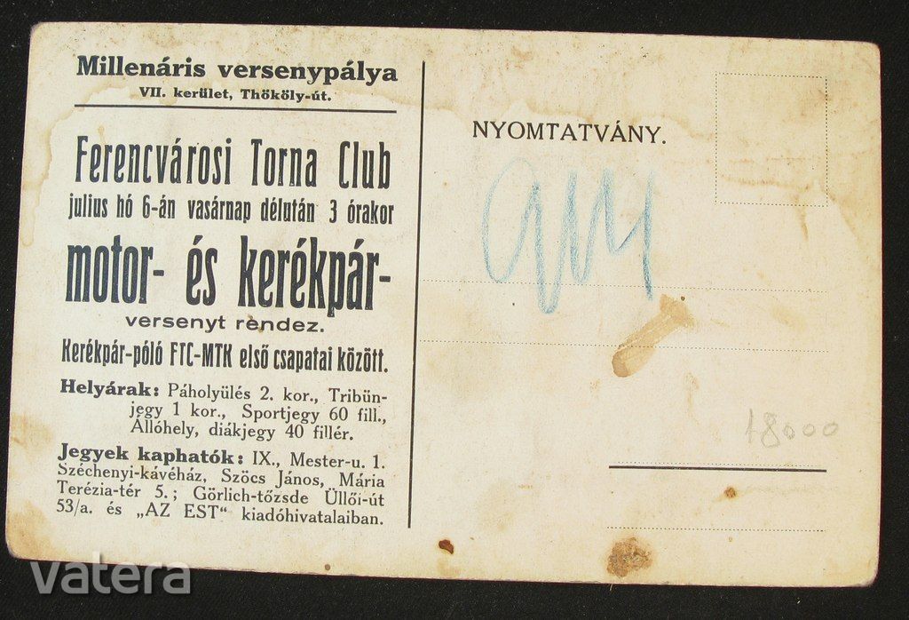 Millenáris motor- és kerékpár-verseny képeslap, MTK-FTC