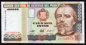 Peru 100.000 intis UNC 1989