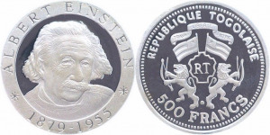 Togo 2009 (ND) Albert Einstein 500 frank ezüst érme. PP Új, bontatlan, tanúsítvánnyal.