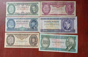 kádárkori 10 - 20 - 50 - és 100 forintos, lila 500 forintos és zöld 1000 forintos