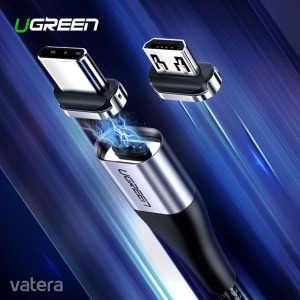 Ugreen Micro USB kábel mágneses csatolófejjel - 100 cm hosszú, fekete színben - KÉSZLETRŐL!