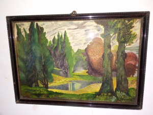 Bene Géza, erdő, kis tóval, szép régi festmény, 1 forintról, minimálár nélkül.