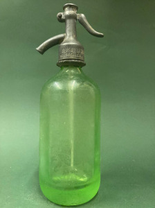 Antik fél literes almazöld szódásüveg / Környe Szikvízgyár - Berendi Gáspár Felsőgalla ón fejjel