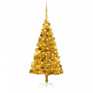 aranyszínű PET megvilágított műkarácsonyfa gömb szettel 180 cm