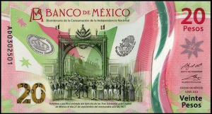 Mexikó 20 pesos jubileumi polymer UNC 2021