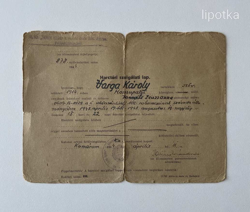 HARCTÉRI SZOLGÁLATI LAP  --  rohamcsónak század  --  1943
