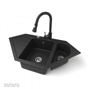 Gránit mosogató NERO Joker + kihúzható zuhanyfejes Snake csaptelep + dugókiemelő (fekete)