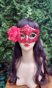 Velencei jellegű virágos flitteres csipke szegélyű maszk álarc farsangi jelmez kiegészítő PIROS