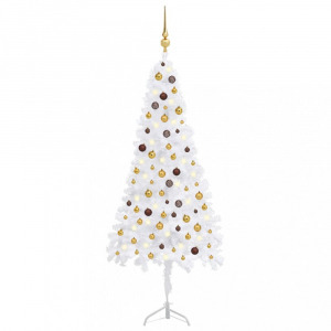 fehér PVC sarok műkarácsonyfa LED-ekkel és gömbszettel 210 cm