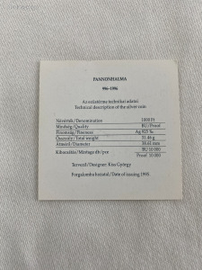 1995 Pannonhalma ezüst 1000 Forint emlékérméhez kiadott certi