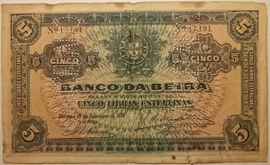 Mozambik 5 libras esterlinas 1919 P-R8a nagyméretű, ritka bankjegy