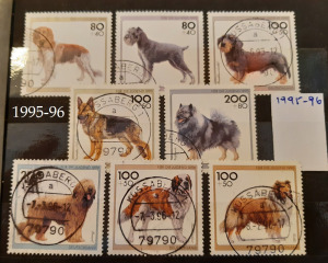 1995-1996 NÉMETORSZÁG BÉLYEGSOR, bélyegzett, kutyák, 8 érték