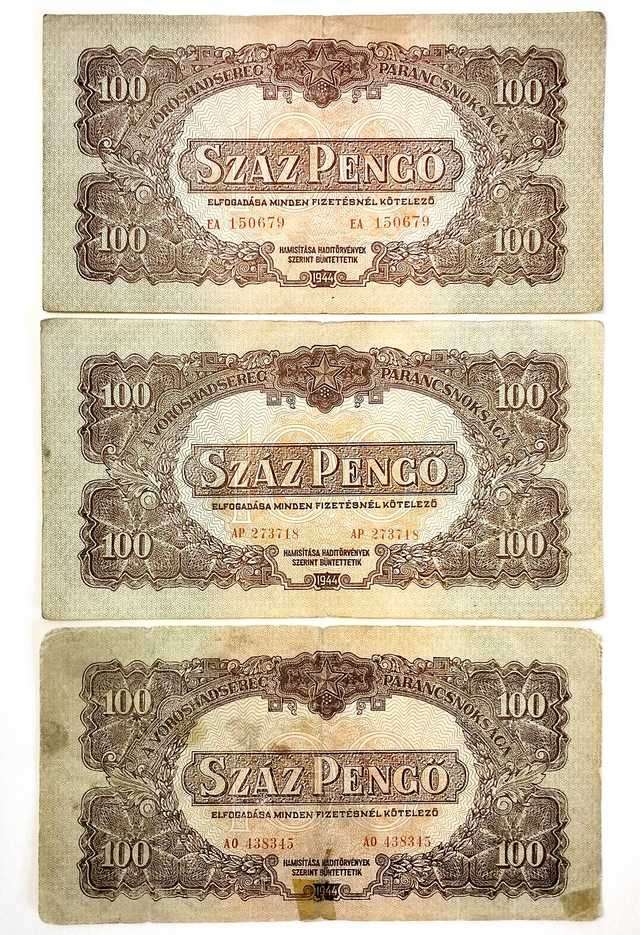 3db Vöröshadsereg 100 Pengő bankjegy - 1944 VH Száz pengő