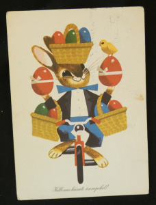 Nyuszi kerékpárral húsvéti képeslap Lengyel Sándor grafikával