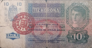 Papírpénz 10 Korona 1915 F Magyar felül bélyegzett 1-Forintról!