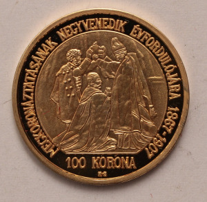 Magyar pénzérmek aranyozott másolata 100 korona 1907