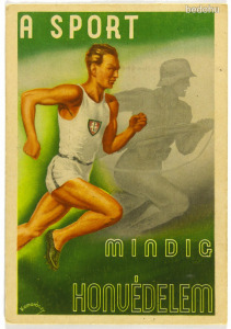 Komoróczy (László?) propaganda grafika, A sport mindig honvédelem, képes levelezőlap, 1944, plakát