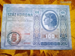 1912 -es ropogós 100 korona -s bankó Román felülbélyegzéssel (L0161)