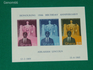 Ghána 1959 Lincoln postatiszta blokk a kereten halvány falcnyommal
