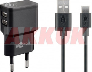 USB-C töltőkészlet 2,4 A, tápegység 2 USB-porttal és USB Type-C 1m-es kábellel (fekete)