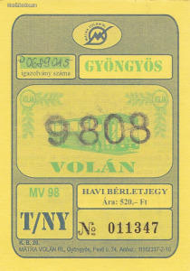 Gyöngyös Volán havi bérletjegy – készült a gyöngyösi nyomdában 1998.08  (P_377