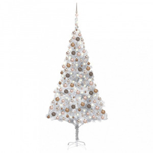 ezüstszínű PET megvilágított műkarácsonyfa gömb szettel 210 cm