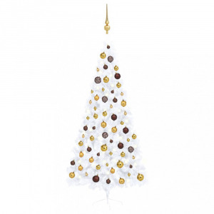 fehér megvilágított fél műkarácsonyfa gömb szettel 210 cm