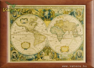 Ingyen posta, kész kép fakeretben, Világtérkép, térkép, atlasz, keretezve 30x43 cm-es