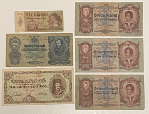 6 db pengő bankjegy LOT. (1930, 1932, 1939, 1945) (F). 1 Ft-os licit! (100)