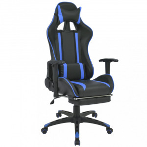 Kék dönthető versenyülés kialakítású irodai szék lábtartóval