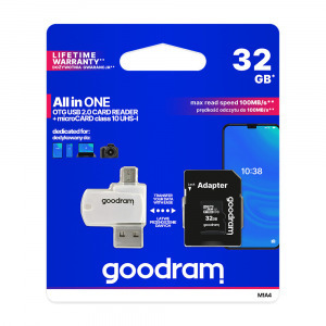 Goodram microSDHC 32GB Class 10 memóriakártya SD adapterrel, Micro USB / USB OTG kártyaolvasóval ...
