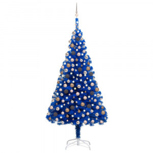 kék PVC műkarácsonyfa LED-ekkel és gömbökkel 240 cm