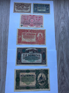 Antik magyar Korona bankjegyek numizmatikai gyűjteményből - hat darab Korona bankjegy 1916-920