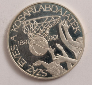 500 Ft 1991 - Száz éves (!) a kosárlabdajáték Ag(.900) 28g PP - próbaveret/pénztervezet