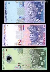 Malajzia 1 2 5 ringgit é.n. (2000-2004) - 3 db - az 5-ös polimer - Pick 39, 40, 47 - UNC, bankfriss