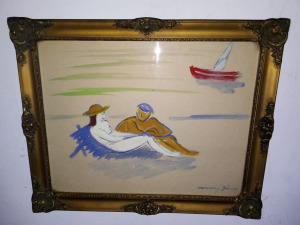 Vaszary János, strandon, szép régi festmény, gyönyörű blondel keretben, 1forintról, minimálár nélkül
