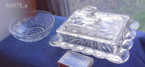Retró öntött üveg cukortartó és üvegtálka