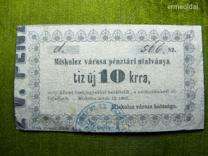 MISKOLCZ VÁROSA PÉNZTÁRI UTALVÁNYA 10 ÚJ KRAJCÁRRA - 1860. OKTÓBER 12.