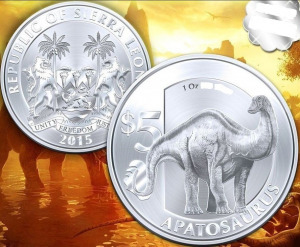 SIERRA LEONE 5 DOLLAR 2015 UNC APATOSAURUS DINOSZAURUSZ EZÜSTÖZÖTT EMLÉKÉRME 40MM Kép