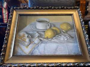 Keretezett, jelzett olajfestmény - Asztali csendélet teával és citromokkal   Schmidt N. 1956 jelz.