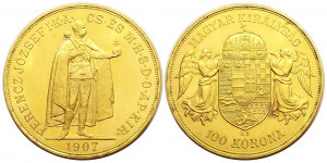 100 korona 1907 KB Ferenc József aUNC, verdefény - R!