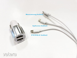 Szivargyújtós telefon-tablet töltő 12/24V 2-es USB töltő M-USB/Apple/Type-C 2.1A