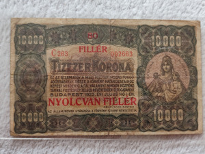 10000 korona 1923 felül belyegezve 80 fillér nyomdahely nélküli VG