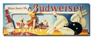 Ingyen posta, Retro, reklám plakát,vászon kép, fakeret, kész kép fakeretben, Budweiser sör, bowling