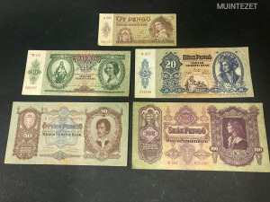 Öt darabos PENGŐ bankjegy sor - 5 -10 - 20 - 50 - 100 Pengő névértékű bankjegyek egyben...