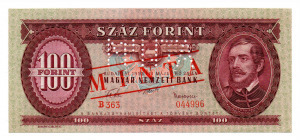 100 Forint Bankjegy 1957 MINTA lyukasztás és bélyegzés B363