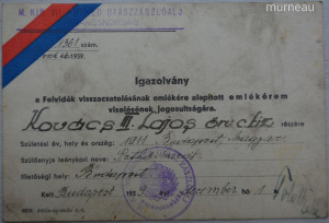 Felvidéki emlékérem kitüntetés igazolványa m. kir. VII. honvéd utász zlj. pság. 1939