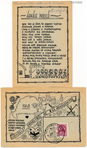 Erdélyi bevonulás 1-es árkászok, egyedi tábori posta képeslapok, Szatmárnémeti és Nagykároly 1940