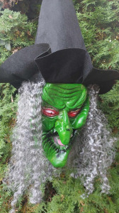 Halloween zöld boszorkány gumi maszk álarc, szürke hajas, kalapos, farsangi jelmez kiegészítő