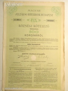 1915.   Magyar Jelzálog Hitelbank-Községi kötelező 100 koronáról (548)